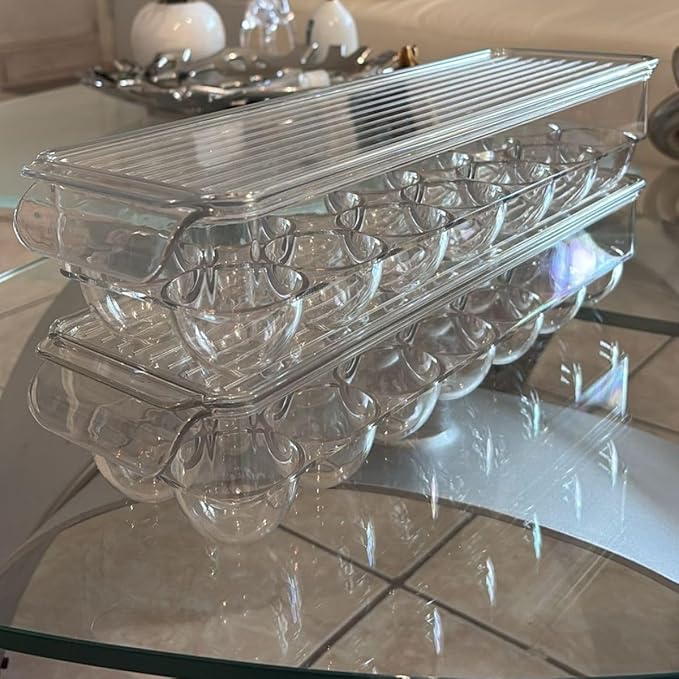 Clear Egg Container, with lid and Handle for Refrigerator organization, Pack of 2, 28 Eggs, for Kitchen or Pantry organizers and storage, Stackable Egg holder for fridge, Egg Tray, Space Saving