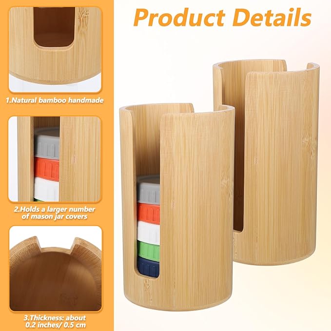 2 PCS Mason Jar Lid Organizer Vertical Bamboo Storage Cup Lid Holder Mason Jar Accessories Suitable for Canning Bamboo Lids for Home Kitchen