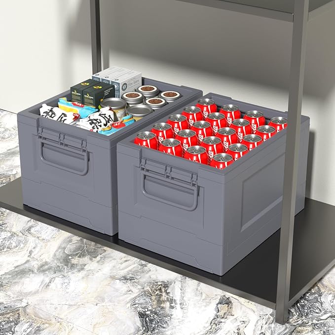 Readsky 8 Packs Plastic Foldable Storage Bins, 14" x 10.2" x 9.1" Collapsible Storage Cubes with Handle, Gray