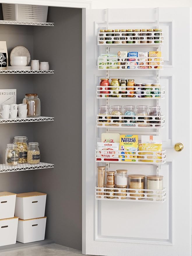 Over the Door Pantry Organizer - 6 Tier Adjustable Pantry Organization and Storage, Hanging Basket Wall Spice Rack Seasoning Shelves, Home & Kitchen Bedroom Bathroom, White
