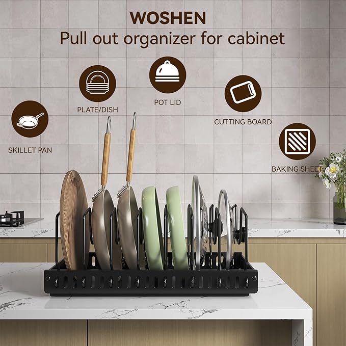 2Pack Black Pot Lid Organizer, Pull-out Pots and Pans Organizer Under Cabinet Pot Lid Holder for Kitchen, Sliding type Pots and Pans Storage, 8 Adjustable Dividers