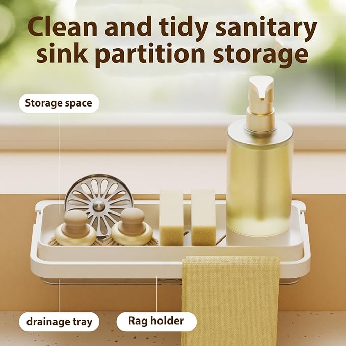 Kitchen sink organizer, wall mounted, with drain pan and sponge holder, no need for drilling installation