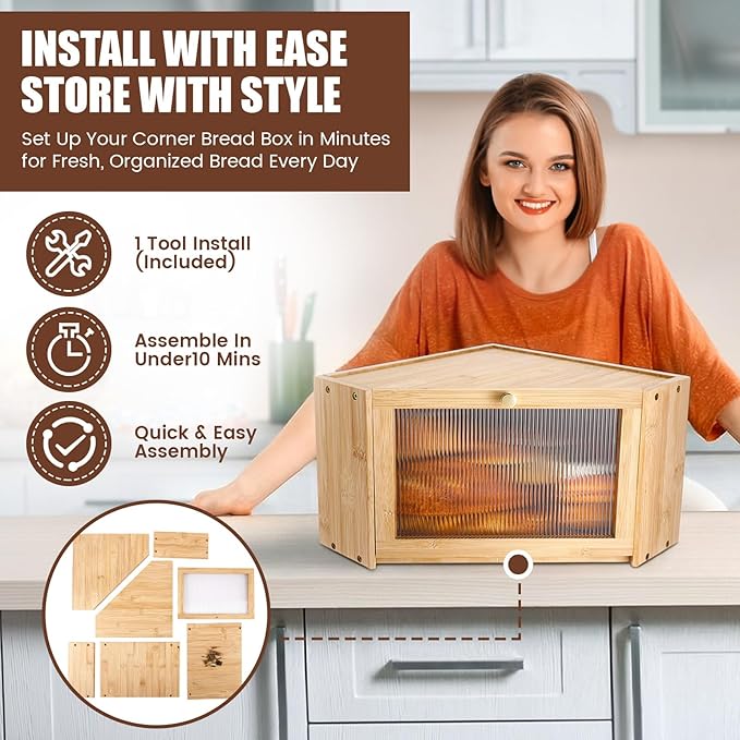 Corner Bread Box for Kitchen Countertop Bamboo Bread Boxes Large Capacity Corner Counter Breadbox Vintage Breads Storage Container with Arcylic Door Breadbox Under Cabinet Mount for Kitchen