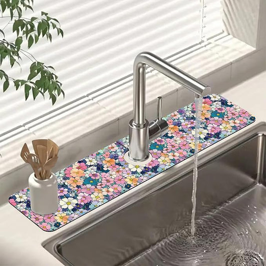Sink Faucet Absorbing Mat Cute Flowers Sink Splash Guard Drying Mat for Kitchen Bathroom Faucet Sinkmat 23.5"X5.5"