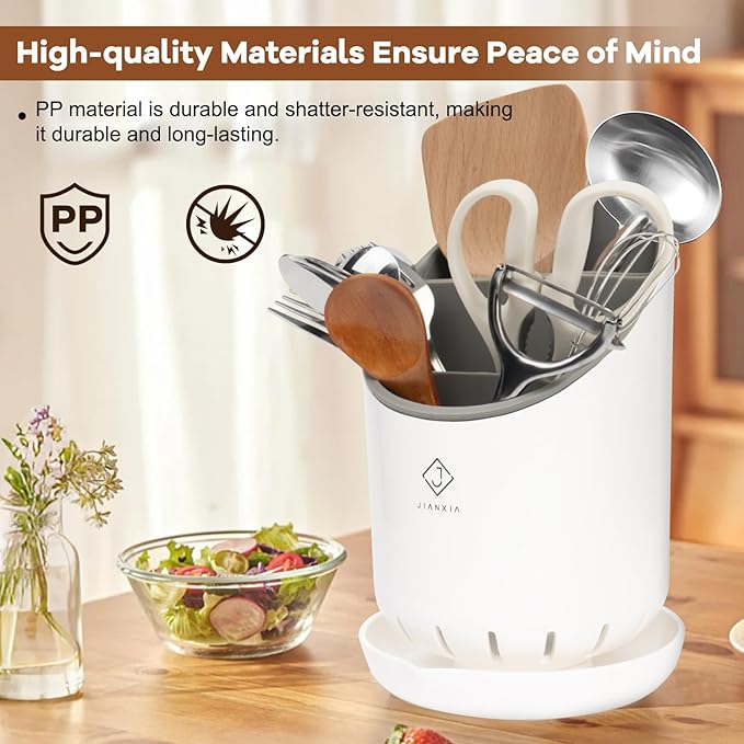 Utensil Drying Holder for Kitchen Counter，Kitchen Utensil Crock with Detachable Base Self Draining Small Utensil Cutlery Flatware Silverware Holder Drainer Cup（White）