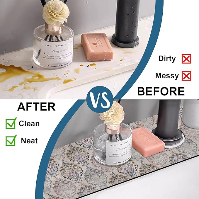 Grey Ceramic Printing Sink Faucet Absorbing Mat Ceramic Texture Super Absorbent Fast Drying Mat Sink Gadgets Behind Faucet Sinkmat for Kitchen Bathroom, 23.5"x5.5"