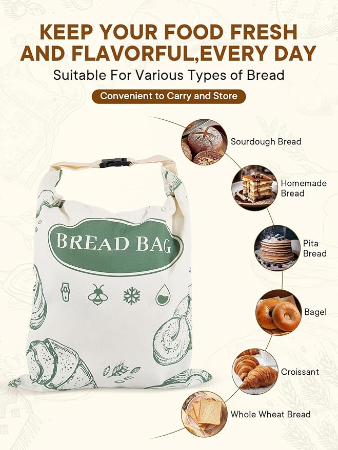 2 Pack Zippered Beeswax Bread Bags - 17×13 Inch Large Reusable Cotton Lined Bags Freezer Safe for Bread, Sourdough & Baguette Kitchen Baking Supplies
