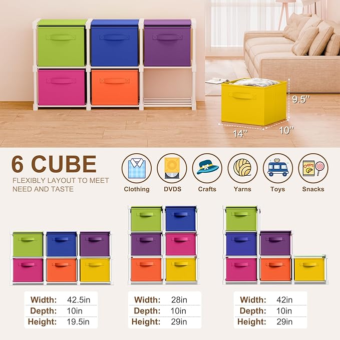Thyle Large Cube Storage Organizer Shelf with 6 Bins 14 Inch Fabric Collapsible Cubby Storage Drawers Shelving Unit for Christmas Ornaments Clothes Toys Craft(Rainbow,Colorful)