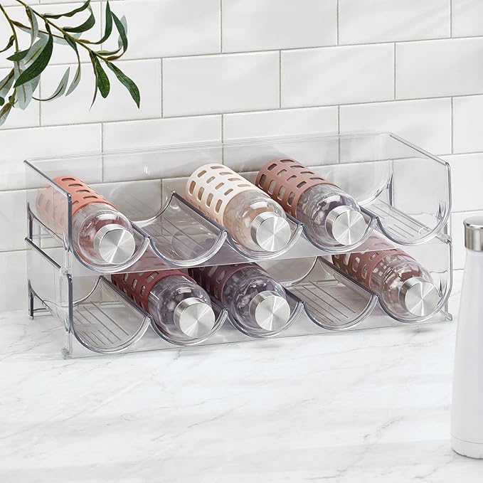 mDesign Plastic Free-Standing Water Bottle and Wine Rack Storage Organizer for Kitchen Countertops, Table Top, Pantry, Fridge - Stackable - Holds 5 Bottles Each, 4 Pack - Clear