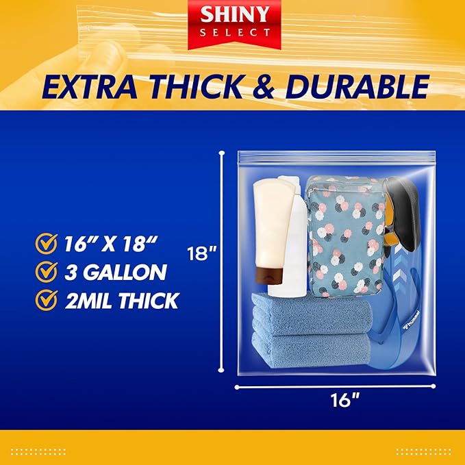 Shiny Select 3 Gallon Large Storage Bag, 16”x18”, 50 Count – Big Clear Plastic Resealable Zip & Lock Bag, 2 Mil Heavy Duty for Fruits, Vegetables, Meat Marinate, Office Supplies, Toys, Books, Gears