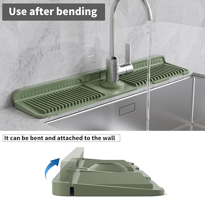 WAFT YEARN 24X5 Inch Silicone Durable Faucet Mat Kitchen Sink Splash Guard Draining Protector Tray Liner Absorbent Protective Counter Accessories For Sink Kitchen Bathroom Laundry Room Bar & RV Green