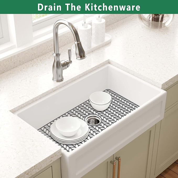 GUUKIN Sink Protectors for Kitchen Mat - 30"x 16" Silicone Kitchen Sink Mat Grid for Bottom of Farmhouse Stainless Steel Porcelain with Center Drain（Grey）