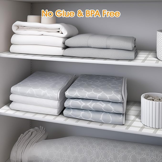 Shinlendid Shelf and Drawer Liner for Kitchen Cabinets Non-Adhesive, Strong Grip Non-Slip Thickened Cabinet Liners for Shelves, Waterproof Mats for Dresser Cupboard, White Square, 12 in x 20 Feet