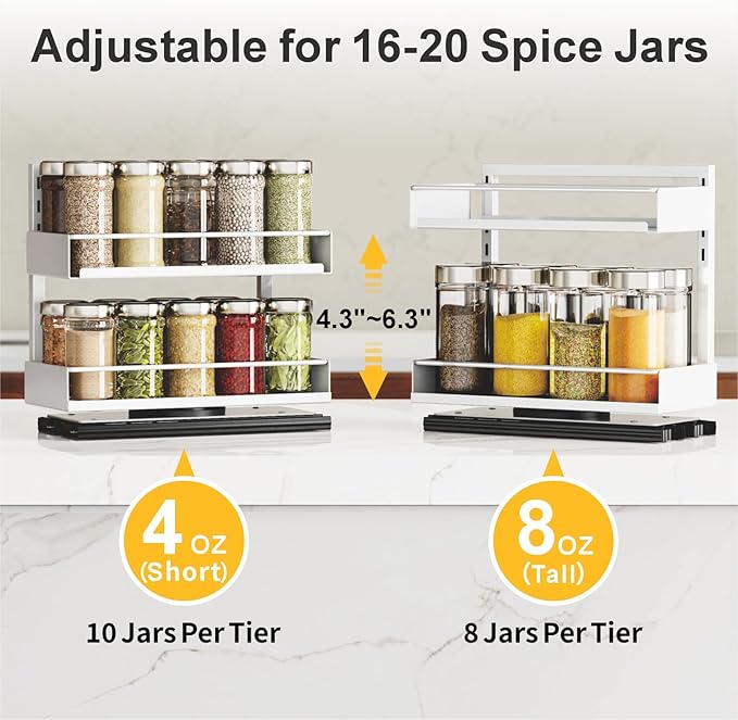 iSPECLE Spice Racks for Inside Cabinet - 1 Pack Rotate Pull Out Spice Rack Easy Access No More Digging, Height Adjustable for 16-20 Spice Jars, Peel and Stick for Over 9" Wide Small Kitchen Cabinet