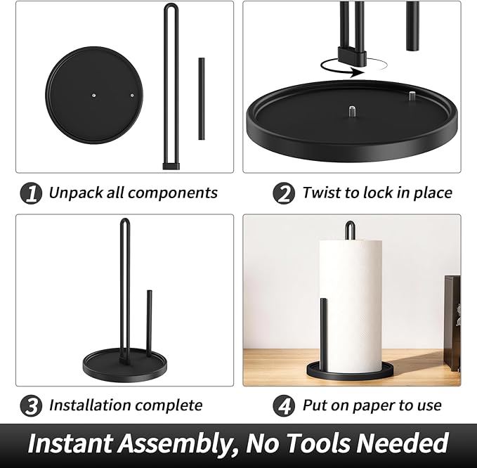 Paper Towel Holder Countertop, Freestanding Paper Towel Roll Holder with Weighted Base, Stainless Steel Standing Papertowel Holder for Kitchen, Matte Black