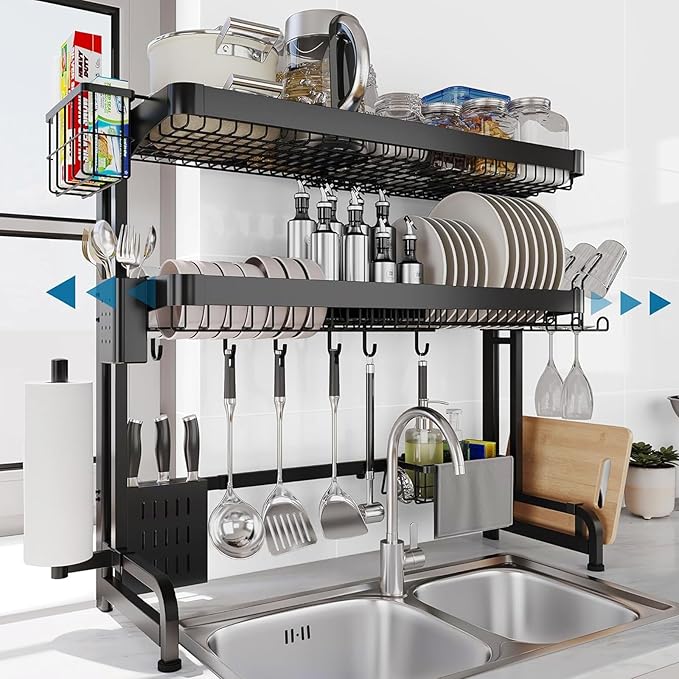 Over The Sink Dish Drying Rack,3 Tier Adjustable Length Full Stainless Steel Large Storage Kitchen Dish Rack,for Kitchen Counter Expandable Multifunctional Organizers,Silver(25.5'' to 37.4'')