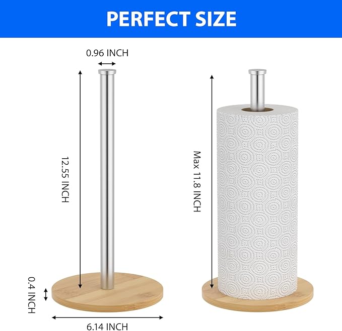 Paper Towel Holder Countertop, Weighted Wooden Base, Stainless Steel, FreeStanding, Easy Install, Durable, Ideal for Home,RV,Bathroom,Farmhouse Essentials Decor Accessories (Sliver)