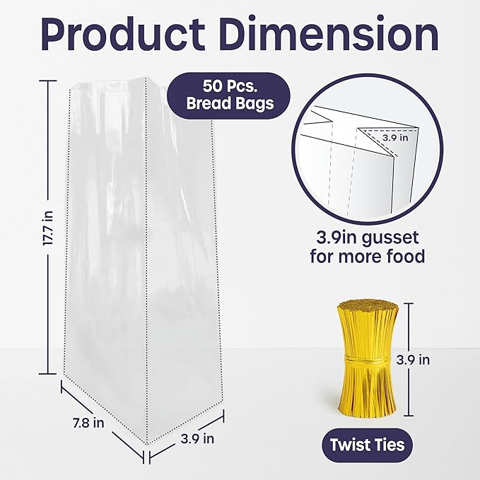 Reusable Plastic Bread Bags - 50 Pack Clear Loaf Bags for Homemade Bread - Perfect for Baked Goods Storage