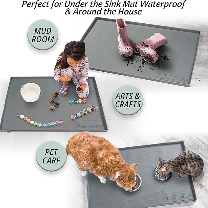 LochCraft - Heavy Duty Under Sink Mat - Thicker Design, Patented Drain, BPA Free - Under Sink Mats for Kitchen Waterproof - Ideal Under the Sink Mat Waterproof Solution - 34 x 22 Inches - (Grey)