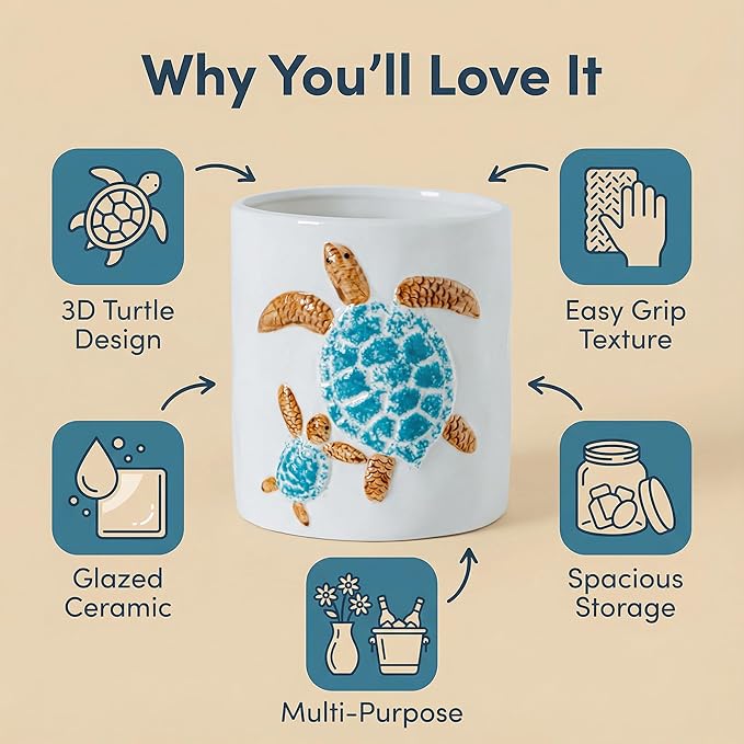 Turtle Kitchen Utensil Holder Cooking Utensil Crocks For Kitchen Tool Holder Counter White Ceramic Utensil Organizer 3D Turtle Decor Easy-Grip Glossy Glaze Countertop Storage Utensils Caddy