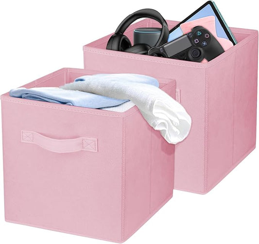 2 Pcs Storage Cubes, 10.5 Inch Collapsible Storage Bins, Fabric Foldable Bins for Organization, Durable Storage Bins for Closet, Shelves, Offices (Pink)