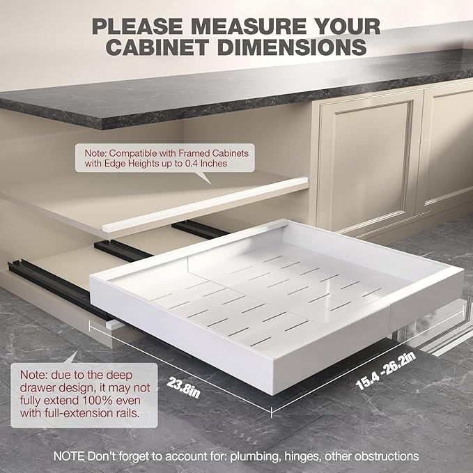 2 Pack Pull Out Cabinet Organizer 24" Deep,Full Extension 3 Slide Rails Slide Out Drawers With Raising Pad for Framed Cabinets,Expandable Width (15.4"-26.2"),No Drill Roll Out shelf,White
