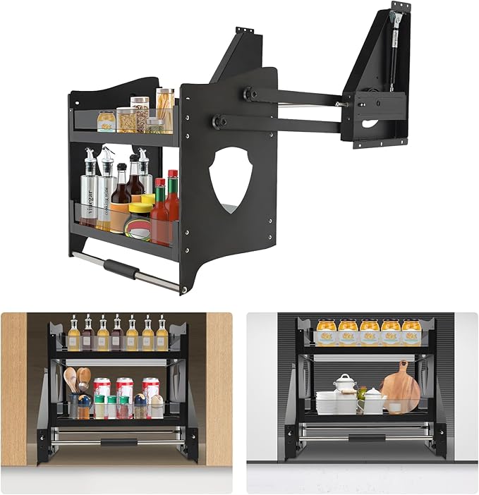 Pull-down Cabinet Organizer 2 Tier, Kitchen Cabinet Organizer Adjustable height, Drop Down Lift Upper Kitchen Spice Rack for Upper Cabinet 22.05x11.02x20.87in 66LBS Load (Pull Down, Style2)