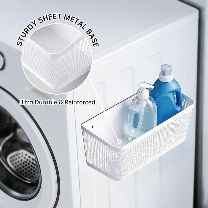 2-Pack Magnetic Shelves for Washing Machine, Heavy Duty Mesh Magnet Basket Organizer for Laundry Room Organization, Multi Metal Storage Shelf and Refrigerator Spice Rack Holder (White, Large)