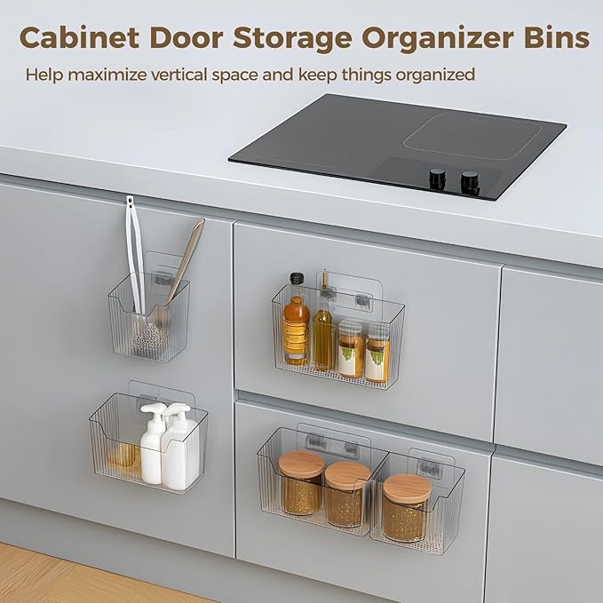 yeesport 4 PCS Cabinet Door Organizer Bins, Clear Plastic Wall Mount Hanging Storage Baskets with Adhesive Hooks, Bathroom Fridge Kitchen Pantry Under Sink Drawer Organizer with Drain Holes