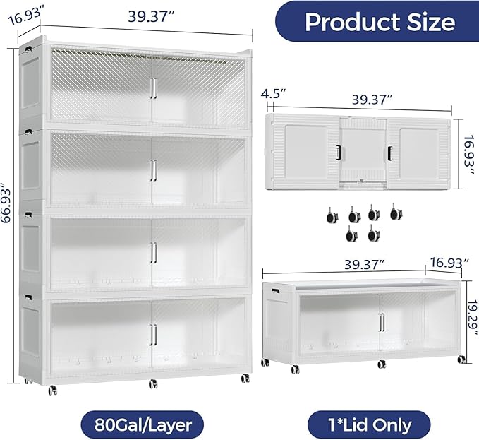 QAVABIN 320GAL Extra Large Storage Bins with Lid, 1280QT Collapsible Organizer with Wheels, Stackable Closet Cabinet with Doors, Folding Storage Containers for Home, Office, Kitchen, 4Pack White