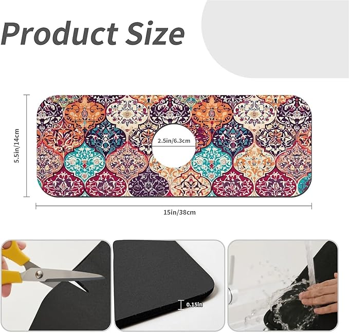 Kitchen Sink Splash Guard，Moroccan tiles Faucet Mat Sink Gadgets-Super Absorbent Fast Drying Mat Drip Catcher for Kitchen, Bathroom,Sink Mat, Dish Drying Mat, Bathroom(15" X 5.5" )