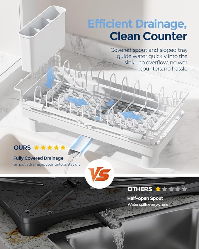 Nacial Small Dish Drying Rack with Utensil Holder, Expandable Dish Rack Over Sink with Auto-Drain Tray, Compact Dish Drainer for Kitchen Counter, Stainless Steel Dish Rack Fits 14''–21.8'' Sink, White