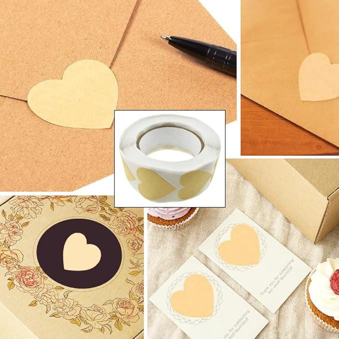 HAHIYO 1Inch 500Pcs Natural Brown Kraft Heart Shaped Stickers - Permanent Adhesive Dot Stickers for Jar Canning Label Price Tag Store Organizing