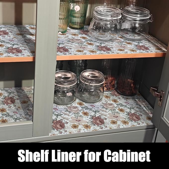 Floral Drawer Shelf Liners, 24IN x 10FT Non Adhesive and Strong Non-Slip Cabinet Drawer Shelf Liners for Kitchen Wire Fridge, Waterproof Shelf Liner,Easy to Clean