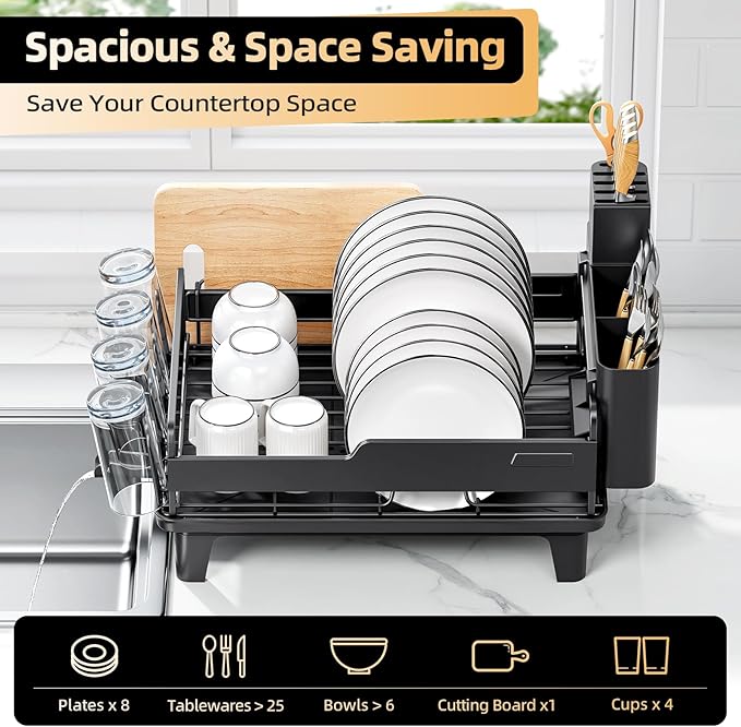 Dish Drying Rack for Kitchen Counter, Countertop Dish Rack with Drainboard, Multifunctional Dish Drainer with Cups Holder & Cutting Board, Home Plate Storage Rack with Cutlery Holder, Black