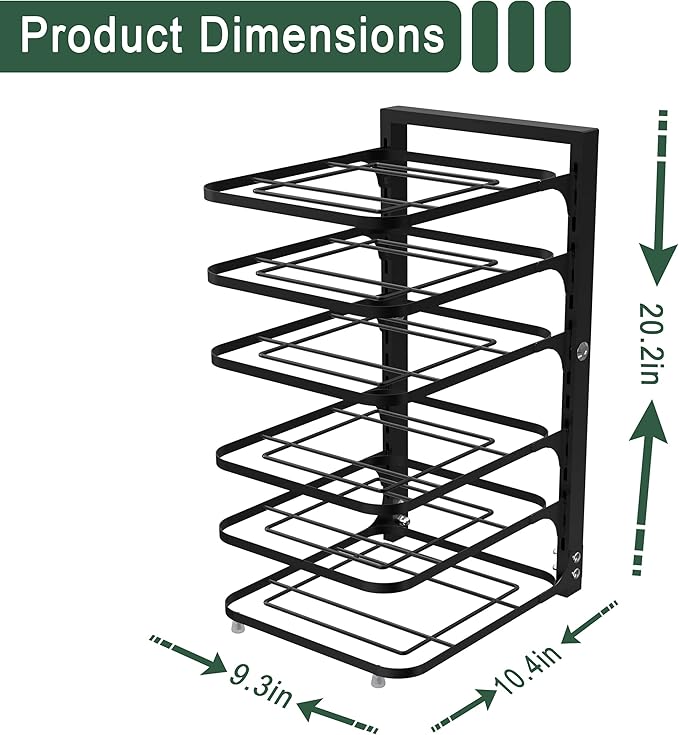 6-Tier Multifunctional Adjustable Pan & Pot Rack for Cabinet, Countertop Organizer, Pot Organizer for Kitchen Organization & Storage, Pot Lid Organizer (Black)