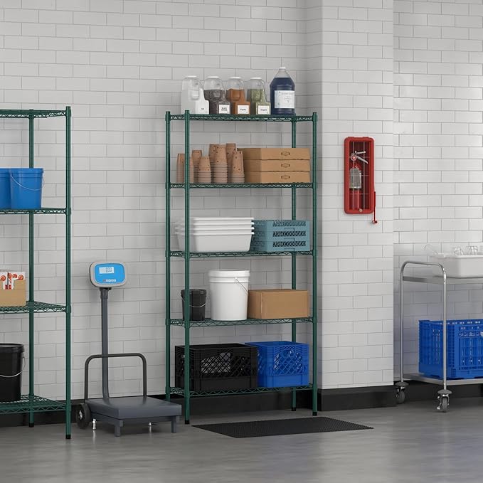 Commercial NSF Listed Green Epoxy Stationary Wire Shelving Kit 12" x 36" x 74", with 5 Shelves Perfect for Warehouse, Walk-in Refrigerator, Freezer, Grocery Store, Restaurant, Dishroom