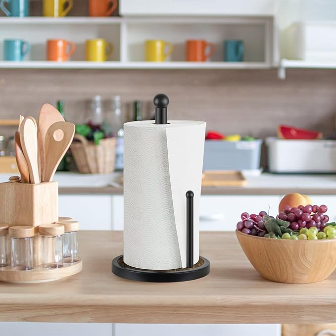 YINMIT Paper Towel Holder Countertop, Standing Paper Towel Roll Holder with Heavy Duty Wooden Base, Rustic Farmhouse Paper Towel Holders for Kitchen Counter, Fits Standard or Jumbo-Sized Rolls