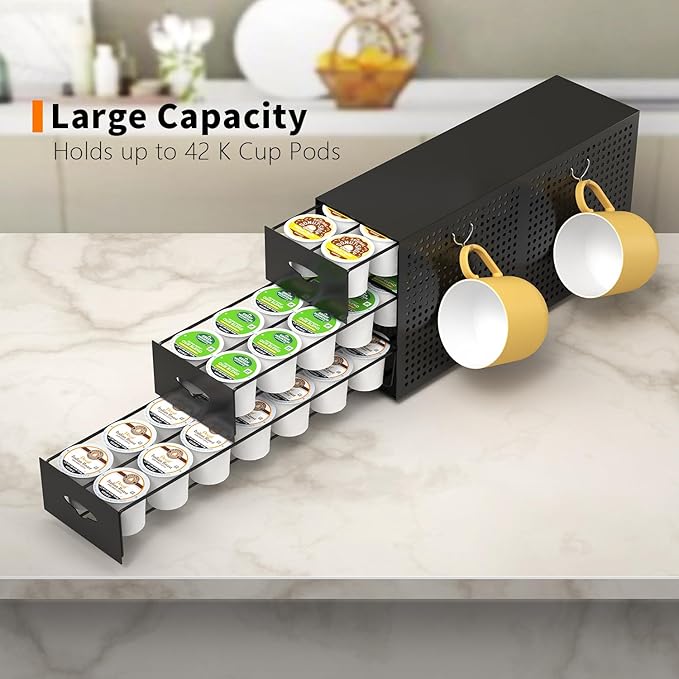 SICHEER Coffee Pod Drawer Holder, 42 Pods Large Capacity, 3 Tier Holder for K Cup Pods, Coffee Pod Organizer for Countertop, Storage Rack for K Cup Pods, Space Saving, (Only Pod Drawer and 2 Hooks)
