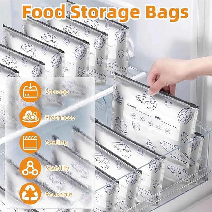 Reusable Aluminum Foil Sealable Storage Bags, 2026 New Resealable Vacuum Zipper Pouches for Food, Thicken Stand Up Foil Freezer Bags with Label & Zip Lock for Vegetable Fruit Meat (M*30)