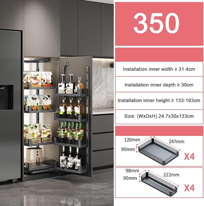 WIGING 4-Tier Narrow Cabinet Pull-Out Basket, High Cabinet Pull-Out Storage Rack with Adjustable Dividers for Kitchen Bathroom Pantry, Single-Layer Load Capacity: 15kg(24.7x30x133cm)