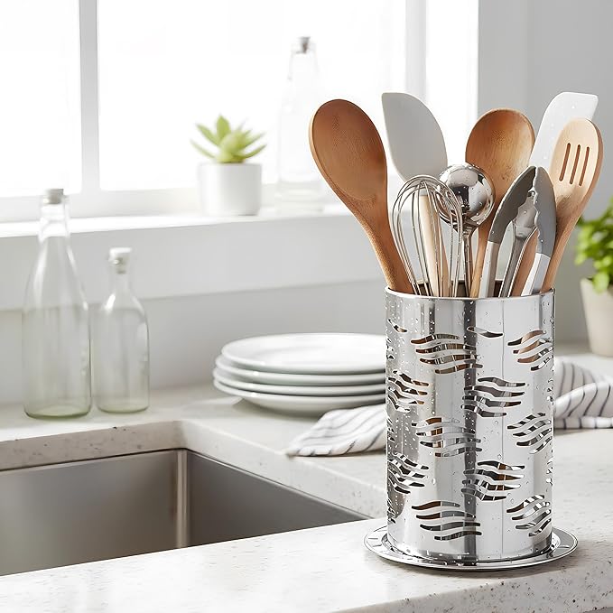 Stainless Steel Utensil Holder - Utensil Caddy, Weighted Base for Stability - Utensil Crock and Countertop Utensil Organizer, Stainless Steel Caddy
