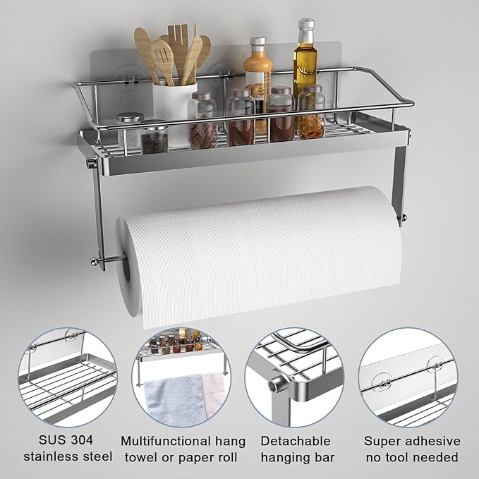 Stainless Steel 2 in 1 Paper Towel Rack Basket with Shelf - Spice Rack & Self Adhesive Paper Towel Holder
