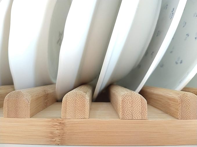 Bamboo Dish Rack, Regular(0.8" Holder Width 10 Slots), Stylish Low Profile Plate Stand, Dish Drying Rack, Cabinet Plate Stand, 15.56" Lx10 Wx1.38 H (39.53cmx25.40cmx3.49cm)