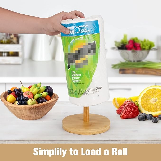 WORHE Bamboo Paper Towel Holder Countertop 1 Pack Thick Sturdy Base, Standing Paper Towel Roll Holder for Kitchen Bathroom Vanity Countertop, Paper Towel Dispenser for Bathroom (YGC017)
