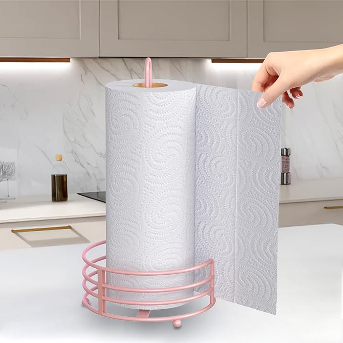 Buruis Paper Towel Holder for Kitchen Countertop, Pastel Pink - One Hand Tear with 8" Wide Base, 13" Height, Raised Feet & U-Handle - Heavy-Duty Steel Stand, Fits Jumbo Mega Rolls