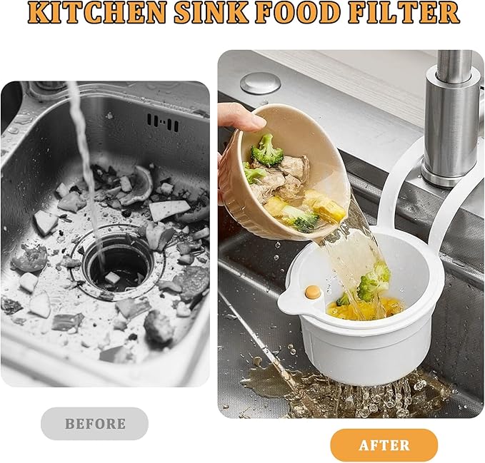 Sink Strainer Basket with One-Touch Drain Mesh, Snap-On Strap & Detachable Design – Kitchen Sink Food Scrap Filtering Storage Organizer (White)