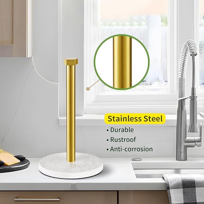 Paper Towel Holder, Kitchen Paper Towels Holder Stand, Stainless Steel Paper Towel Holder -High-Grade Marble Weighted Base, Non-Slip Protect The countertop -Brushed Gold
