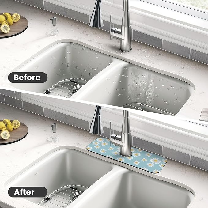 Beautiful Daisy Flower Floral Kitchen Sink Splash Guard Faucet Mat Super Absorbent Fast Drying Mat Sink Gadgets-Fast Drying Pad Sink Mat For Kitchen Bathroom (15" X 5.5" )