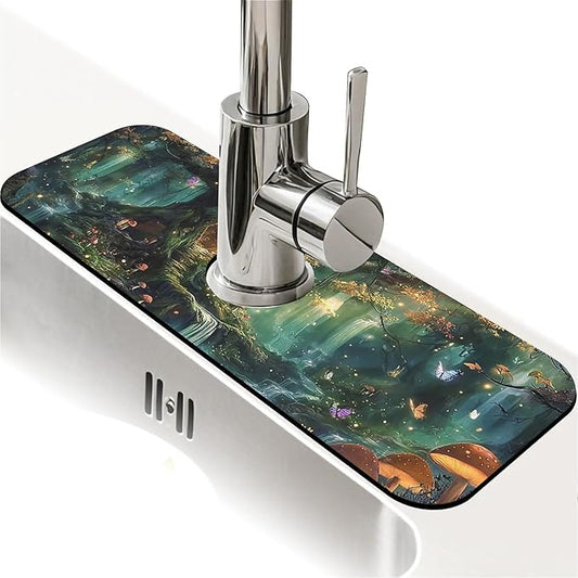 Kitchen Sink Splash Guard，Magical fairy tale forest Faucet Mat Sink Gadgets-Super Absorbent Fast Drying Mat Drip Catcher for Kitchen, Bathroom,Sink Mat, Dish Drying Mat, Bathroom(15" X 5.5" )